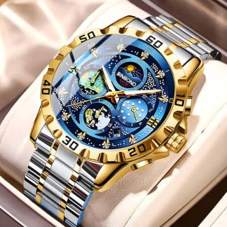 “Binbond-7741” New Exclusive Design stainless steel night light Watch for Men(Golden blue)
