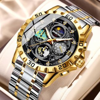“Binbond-7741” New Exclusive Design stainless steel night light Watch for Men(Golden black)