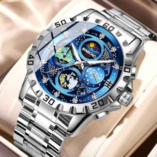 “Binbond-7741” New Exclusive Design stainless steel night light Watch for Men(Silver blue)