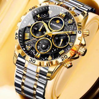 “Binbond-7742” New Exclusive Design stainless steel night light Watch for Men(Golden black)