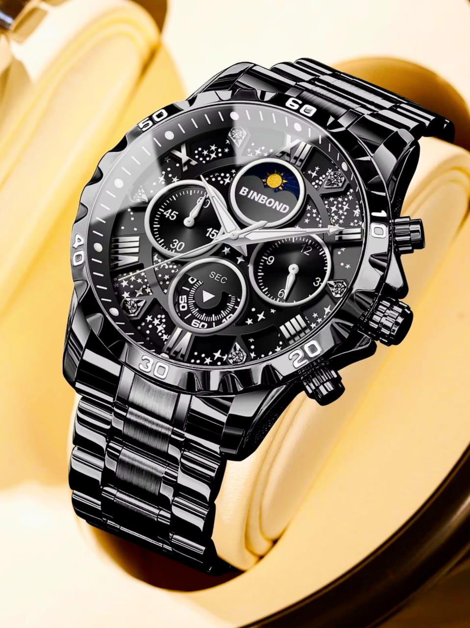 Binbond-7742” New Exclusive Design stainless steel night light Watch for Men(All black)