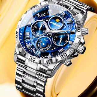 “Binbond-7742” New Exclusive Design stainless steel night light Watch for Men(Silver blue)