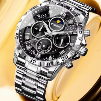 “Binbond-7742” New Exclusive Design stainless steel night light Watch for Men(Silver black)